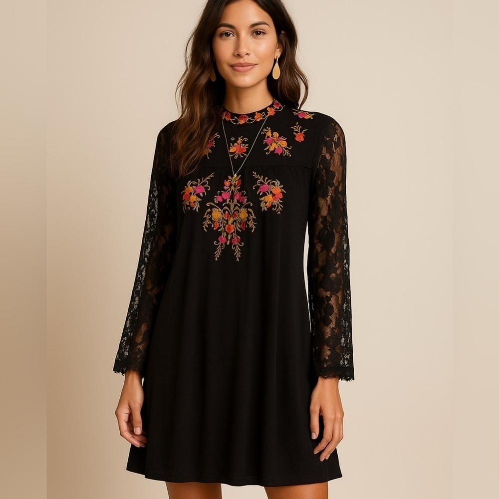 Cupio NWT Black Embroidered Floral Lace Sleeve Boho Festival Shift Dress Medium
